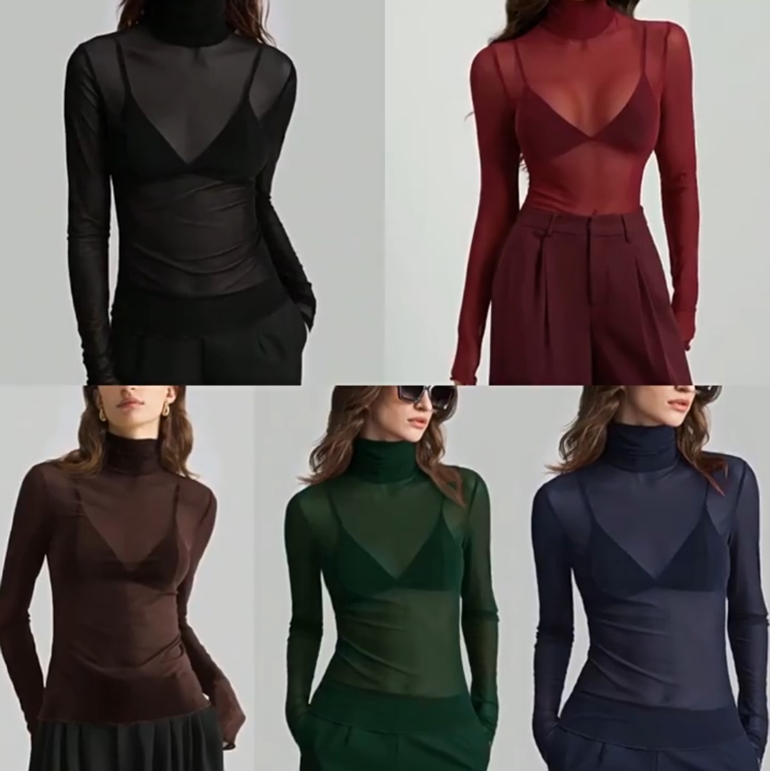 Womens Elegant Turtleneck Mesh Top Sexy Long Sleeve Semi-Sheer Slim T-shirts